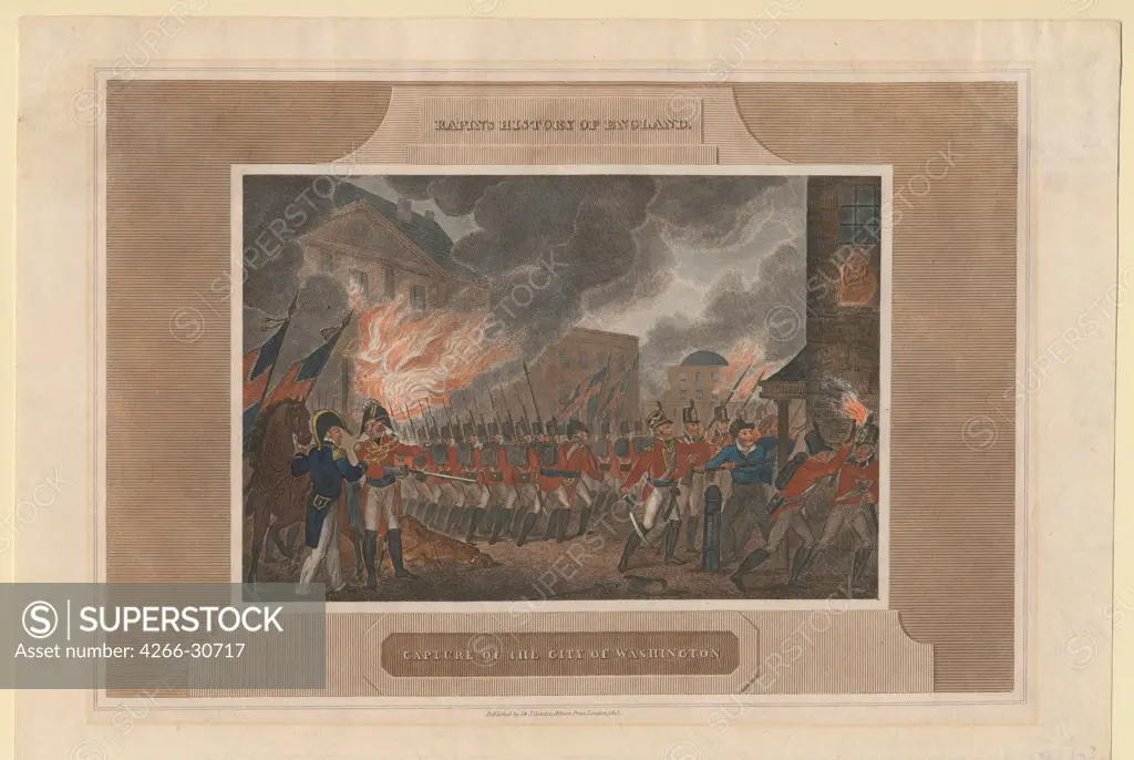 Capture and Burning of the city of Washington by Anonymous   / Private Collection / 1815 / The United States / Etching, watercolour / History / 25,8x37,4 / Classicism
