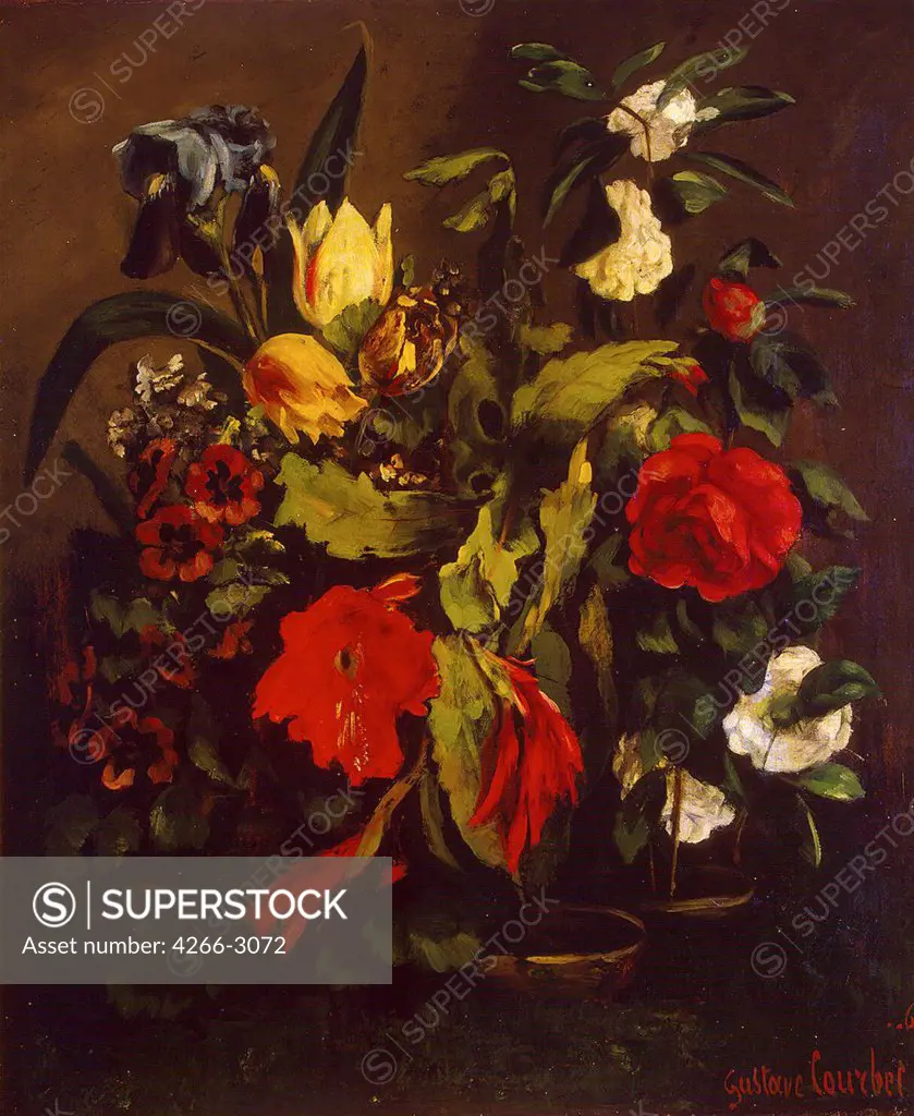 Still life with flowers by Gustave Courbet, oil on canvas, 1863, 1819-1877, Russia, St. Petersburg, State Hermitage, 65x53, 5