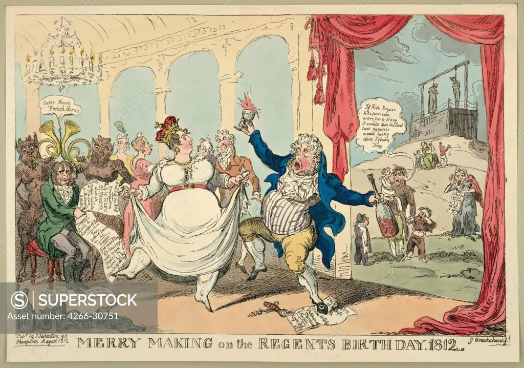 Merry making on the regents birth day, 1812 by Cruikshank, George (1792-1878) / Private Collection / 1812 / Great Britain / Etching, watercolour / Genre / 24,3x35,1 / Caricature