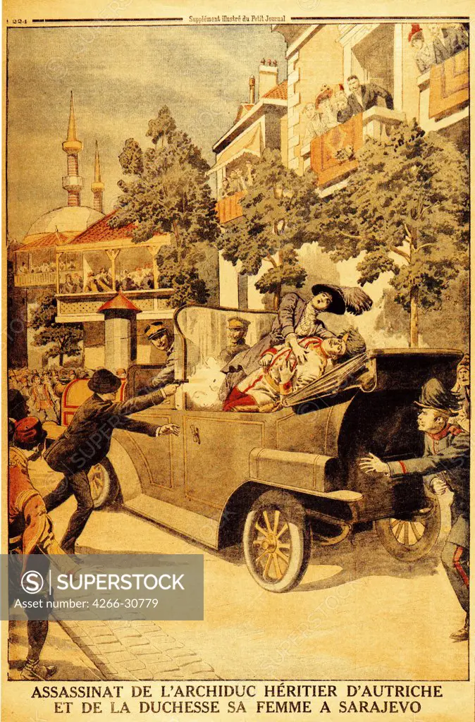 The Assassination of Archduke Franz Ferdinand of Austria and his wife, Duchess Sophia, by Gavrilo Princip in Sarajevo, 28th June by Anonymous   / Private Collection / 1914 / France / Colour lithograph / History / Book design