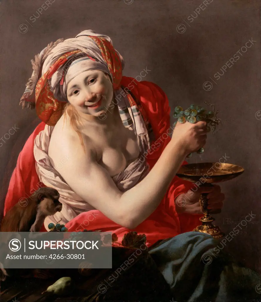 Bacchante with an Ape by Terbrugghen, Hendrick Jansz (1588-1629) / J. Paul Getty Museum, Los Angeles / 1627 / Holland / Oil on canvas / Mythology, Allegory and Literature / 102,9x90,2 / Baroque