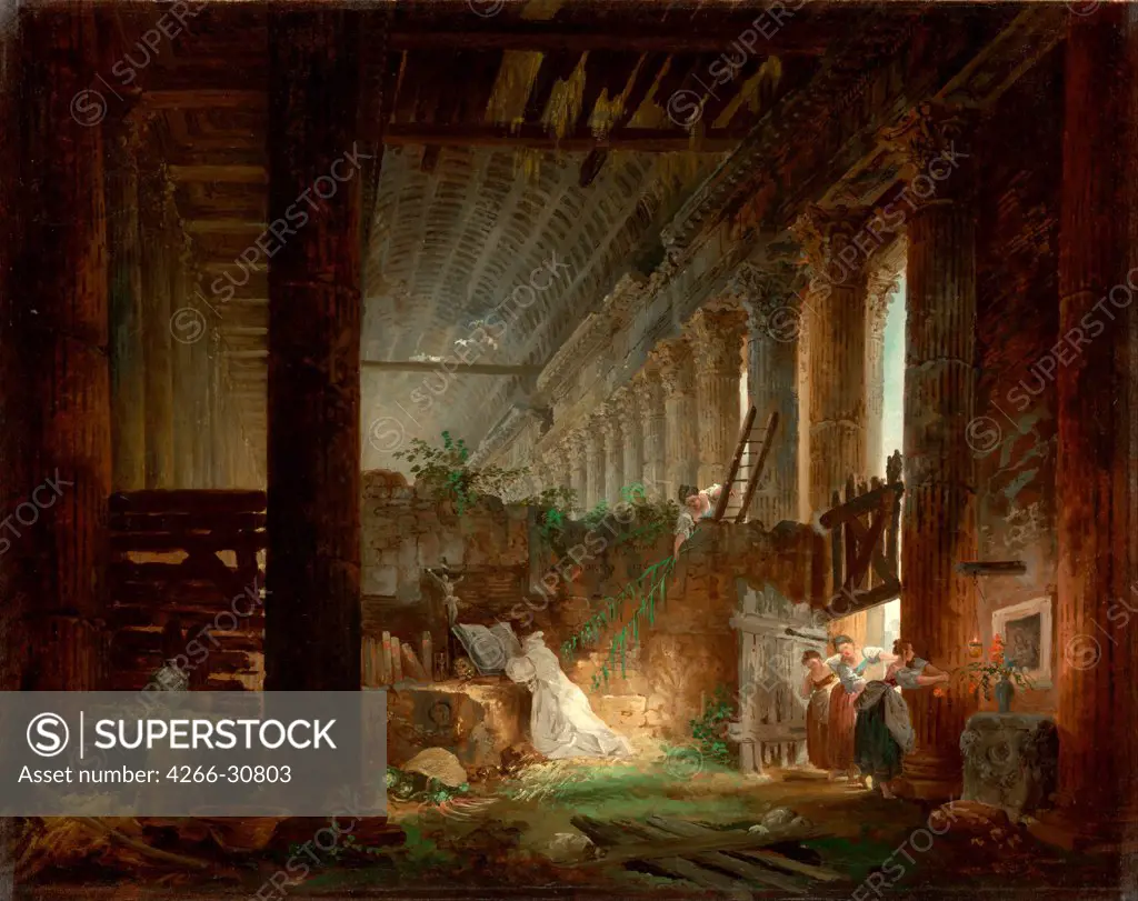 A Hermit Praying in the Ruins of a Roman Temple by Robert, Hubert (1733-1808) / J. Paul Getty Museum, Los Angeles / ca 1760 / France / Oil on canvas / Architecture, Interior,Genre / 57,8x70,5 / Rococo