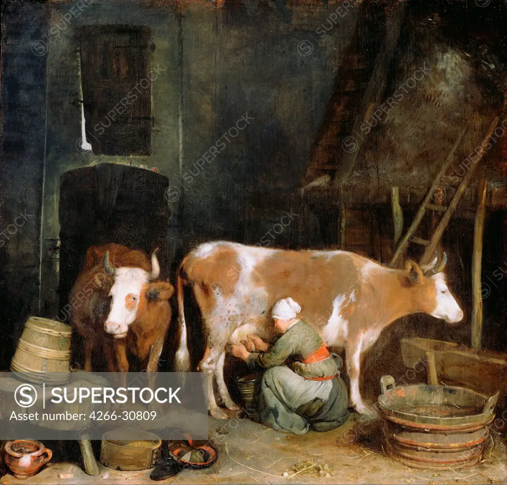 A Maid Milking a Cow in a Barn by Ter Borch, Gerard, the Younger (1617-1681) / J. Paul Getty Museum, Los Angeles / 1652-1654 / Holland / Oil on wood / Genre / 47,6x50 / Baroque