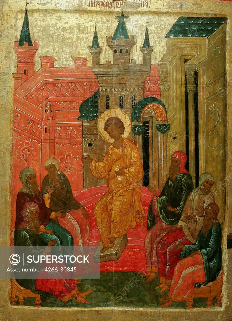 Prepolowenie (Christ among the Doctors) by Russian icon   / State Open-air Museum of History, Architecture and Art, Pskov / 15th century / Russia, Pskov School / Tempera on panel / Bible / 90x68 / Russian icon painting