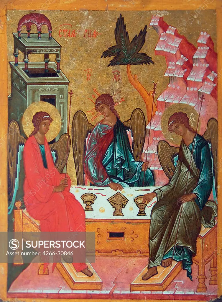 The Holy Trinity by Russian icon   / State Open-air Museum of History and Architecture Novgorodian Kremlin, Novgorod / 15th century / Russia, Novgorod School / Tempera on panel / Bible / 24x19,5 / Russian icon painting