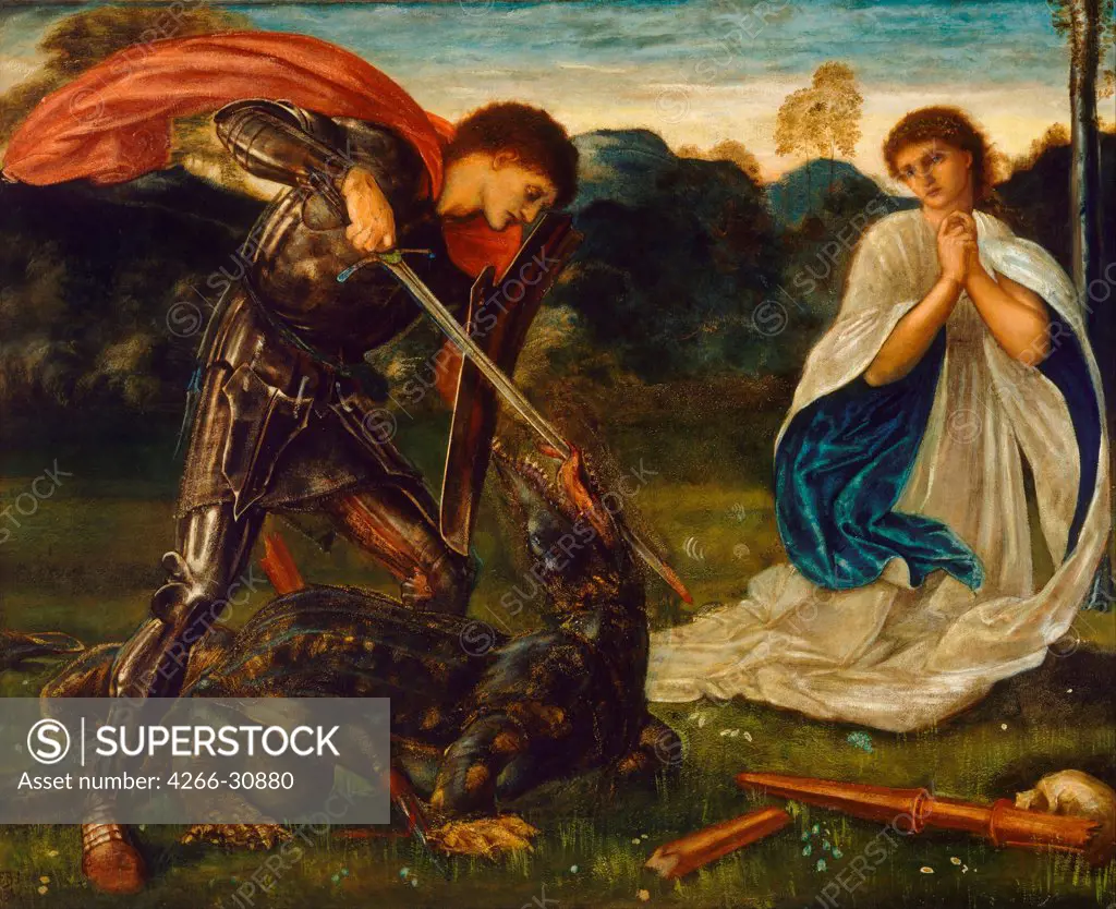 The fight: St George killing the dragon VI by Burne-Jones, Sir Edward Coley (1833-1898) / Art Gallery of New South Wales / 1866 / Great Britain / Oil on canvas / Bible / 166x175,6 / Pre-Raphaelite paintings