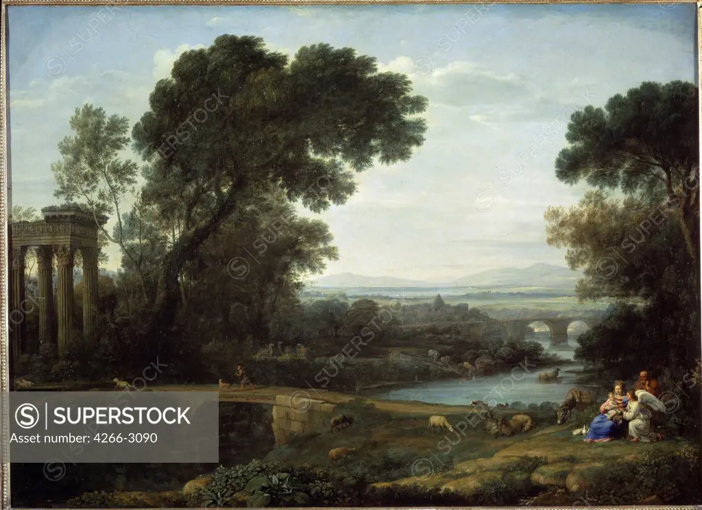Landscape with Holy Family by Claude Lorrain, oil on canvas, 1661, 1600-1682, Russia, St. Petersburg, State Hermitage, 116x159, 6