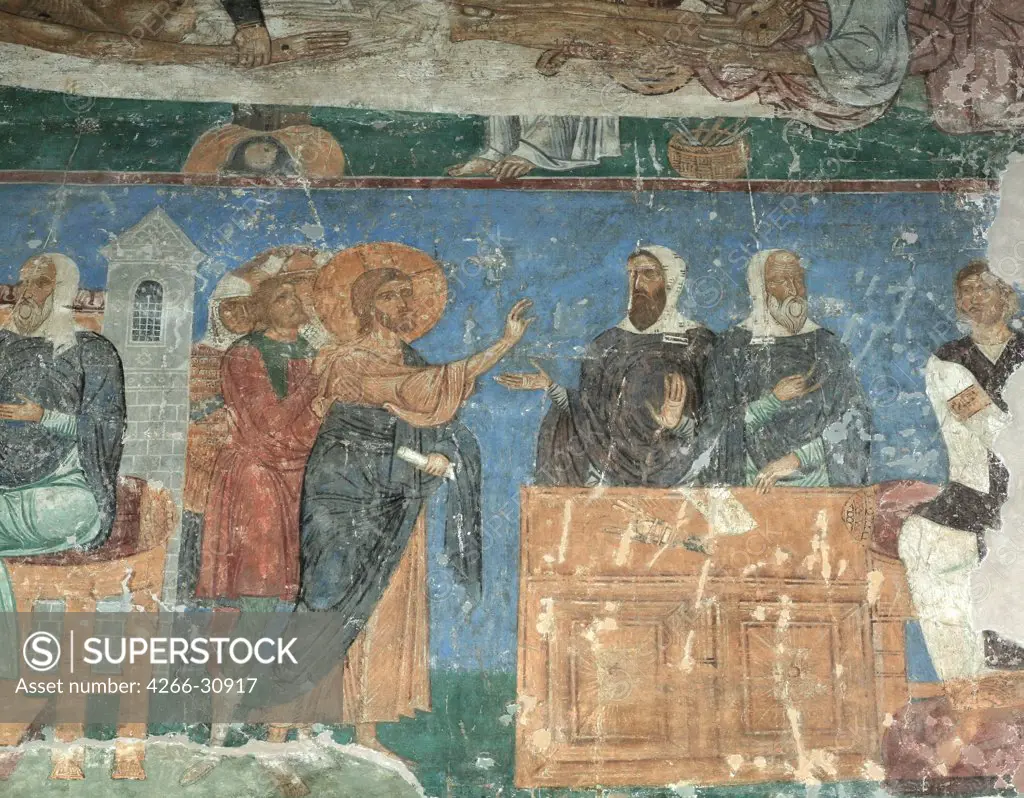 Christ Before Annas and Caiaphas by Ancient Russian frescos   / Mirozhsky Monastery, Pskov / 12th century / Russia, Pskov School / Fresco / Bible / Old Russian Art