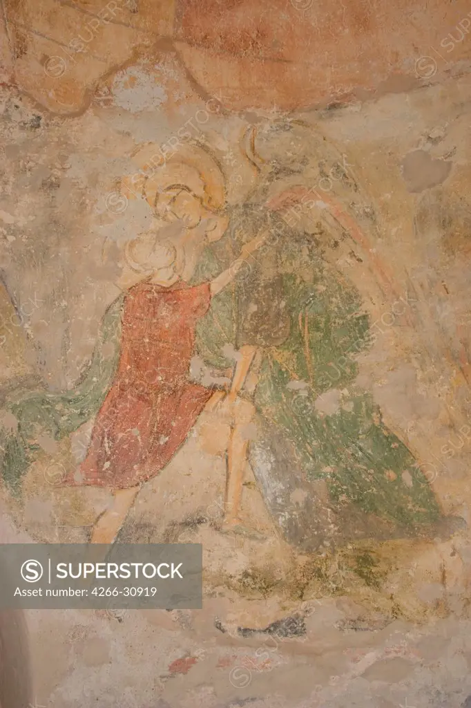 Jacob and the Angel by Ancient Russian frescos   / Mirozhsky Monastery, Pskov / 12th century / Russia, Pskov School / Fresco / Bible / Old Russian Art