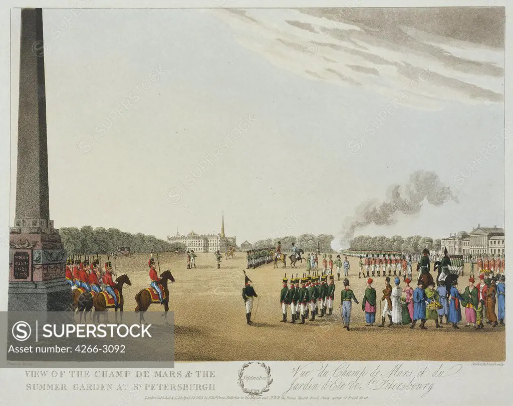 Soldiers on square in Saint Petersburg by Matthew Dubourg, copper engraving, watercolour, 1815, active 1786-1838, Russia, St. Petersburg, State Hermitage, 35x43