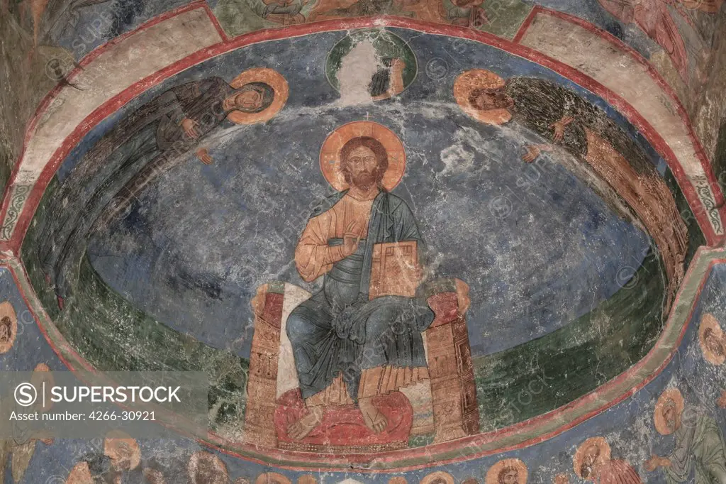 Christ Enthroned (Saviour of the World) by Ancient Russian frescos   / Mirozhsky Monastery, Pskov / 12th century / Russia, Pskov School / Fresco / Bible / Old Russian Art