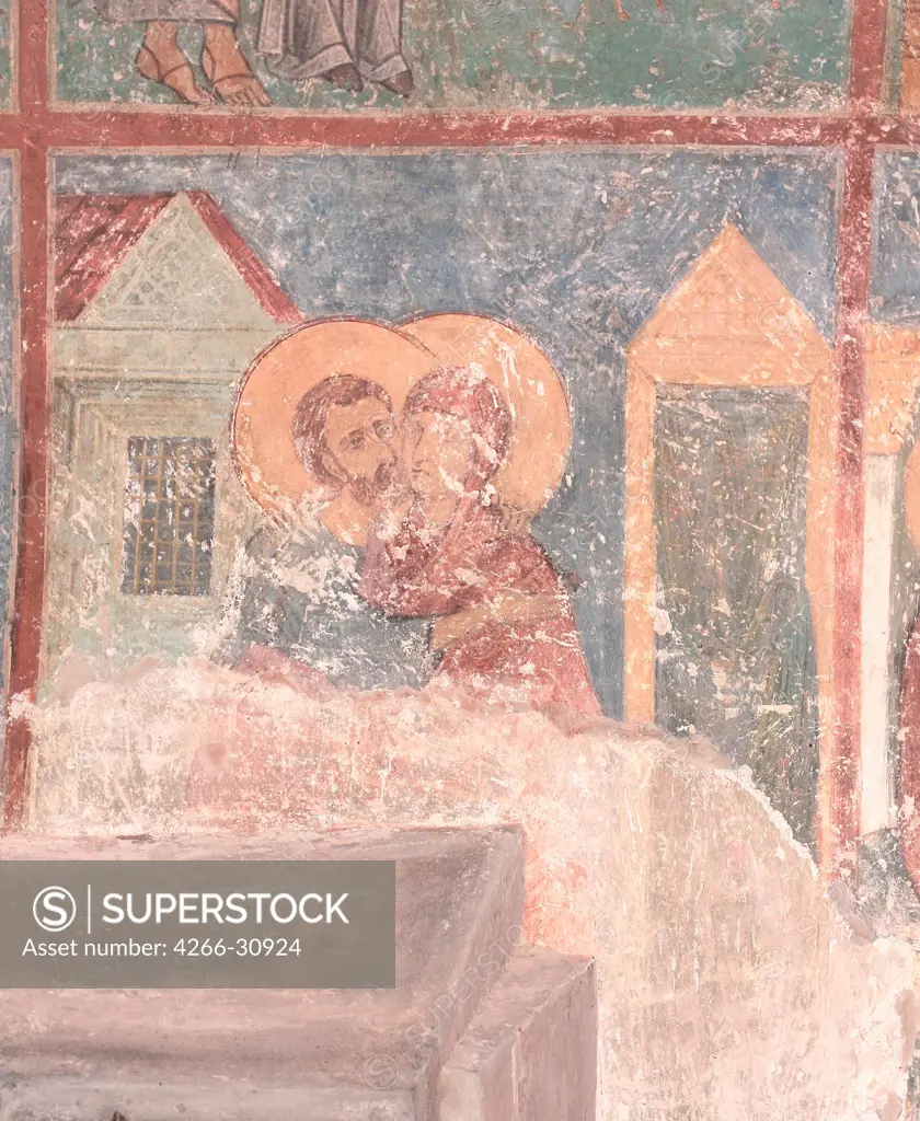 Meeting of Saints Joachim and Anne at the Golden Gate by Ancient Russian frescos   / Mirozhsky Monastery, Pskov / 12th century / Russia, Pskov School / Fresco / Bible / Old Russian Art