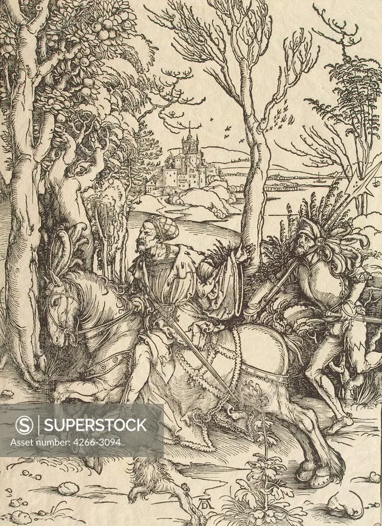 Man riding on horse by Albrecht Durer, woodcut, circa1497, 1471-1528, Russia, St. Petersburg, State Hermitage, 39x28, 2