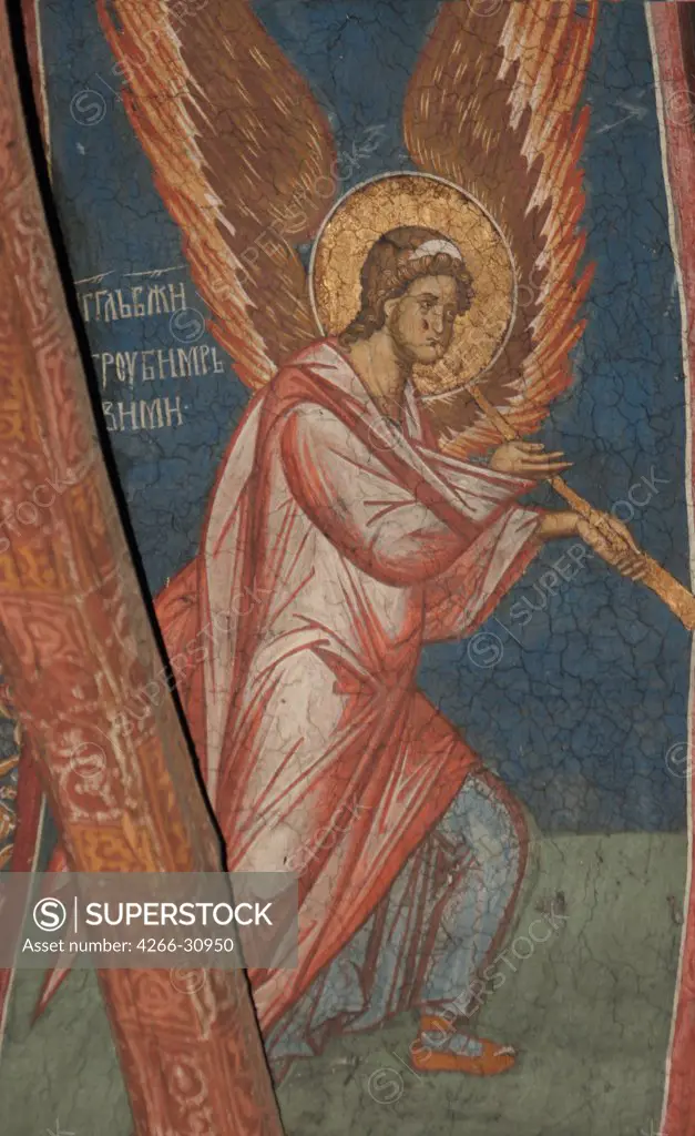 Angel with trumpet by Anonymous   / Visoki Decani monastery, Kosovo / ca 1350 / Serbia / Fresco / Bible / Byzantine Art