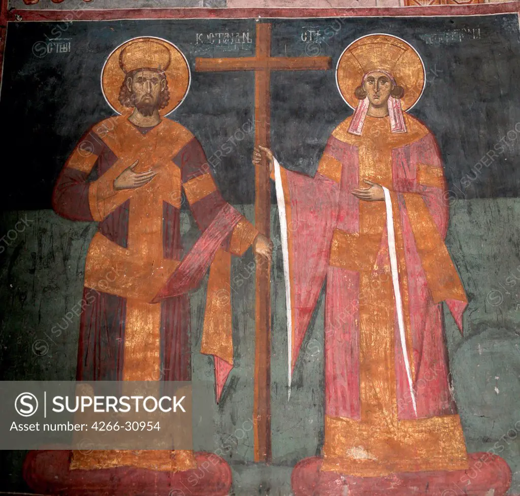Exaltation of the Cross. Saints Constantine the Great and Helena by Anonymous   / Visoki Decani monastery, Kosovo / ca 1350 / Serbia / Fresco / Bible / Byzantine Art