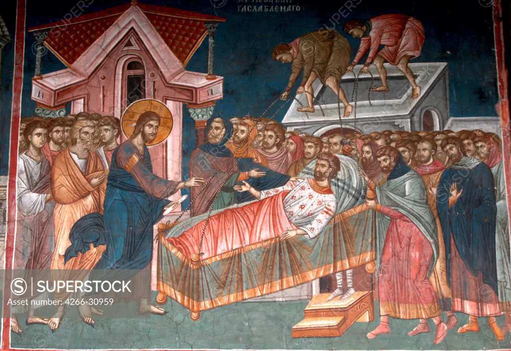 The Healing the paralytic at Capernaum by Anonymous   / Visoki Decani monastery, Kosovo / ca 1350 / Serbia / Fresco / Bible / Byzantine Art