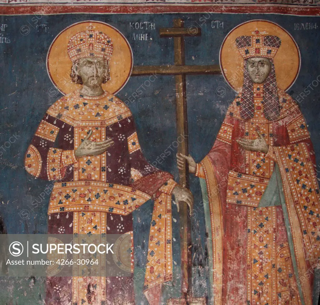 Exaltation of the Cross. Saints Constantine the Great and Helena by Anonymous   / Gracanica Monastery, Kosovo / 1321-1322 / Serbia / Fresco / Bible / Byzantine Art
