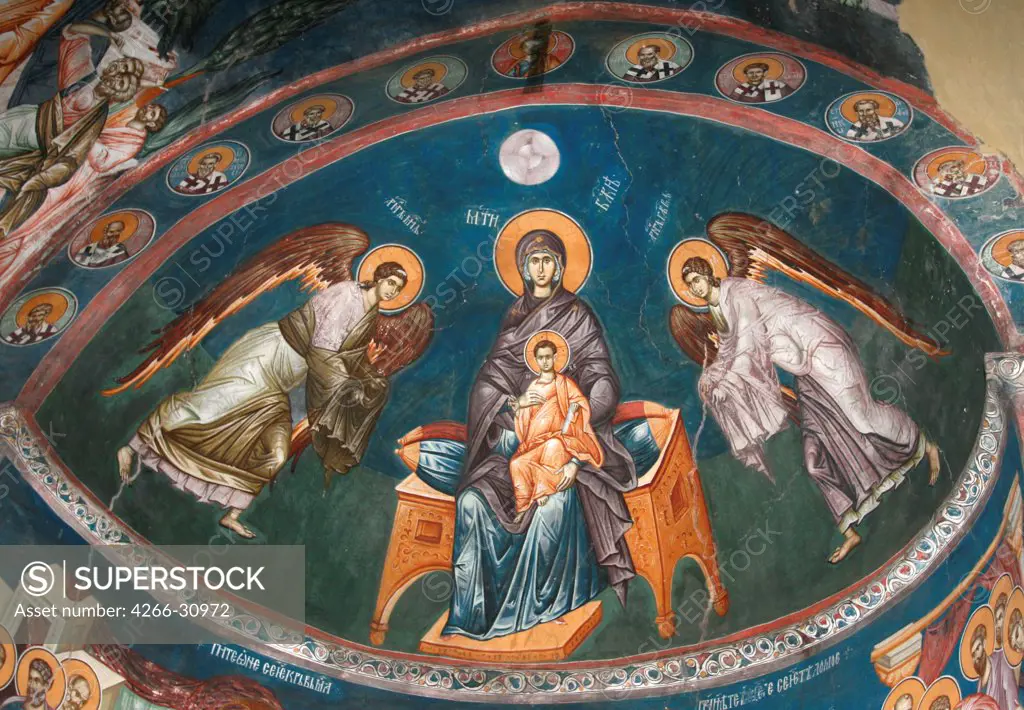 The Virgin Enthroned with Christ Emmanuel with Archangels Michael und Gabriel by Anonymous   / Patriarchate of Pec / 14th century / Serbia / Fresco / Bible / Byzantine Art
