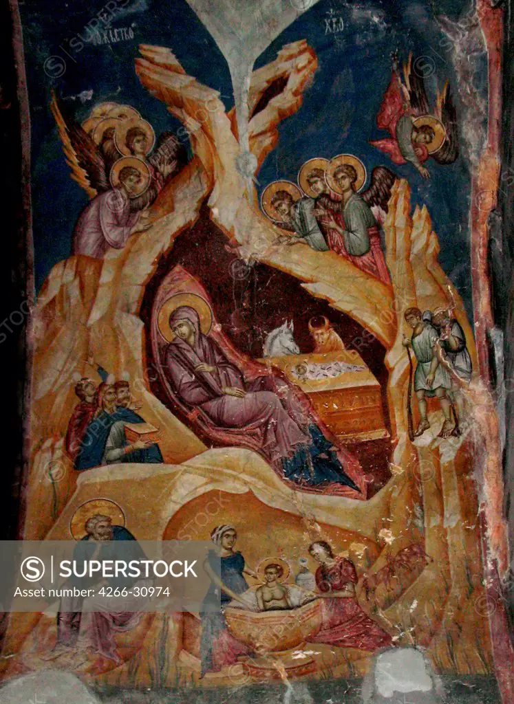 The Nativity of Christ by Anonymous   / Patriarchate of Pec / 14th century / Serbia / Fresco / Bible / Byzantine Art