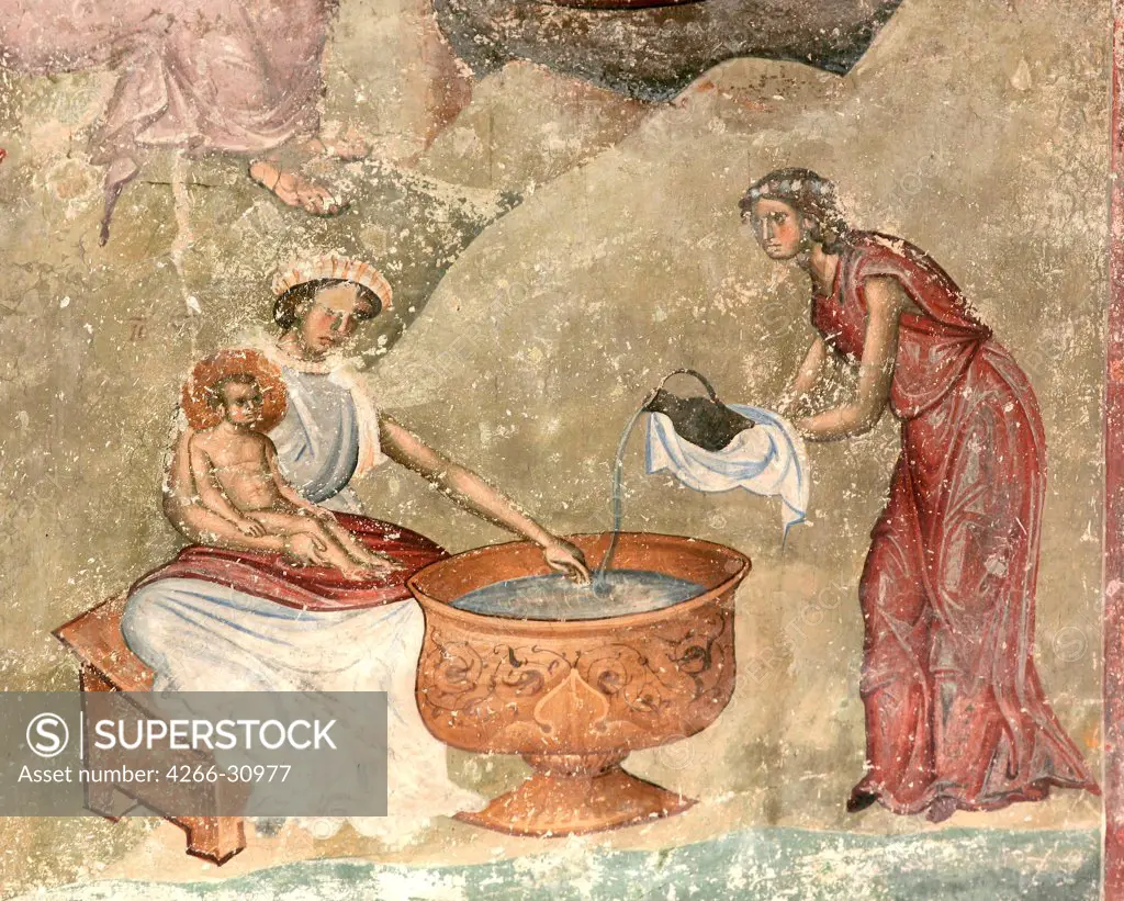 The washing of the child in the nativity scene by Anonymous   / Sopocani monastery, Novi Pazar / c. 1260-1270 / Serbia / Fresco / Bible / Byzantine Art