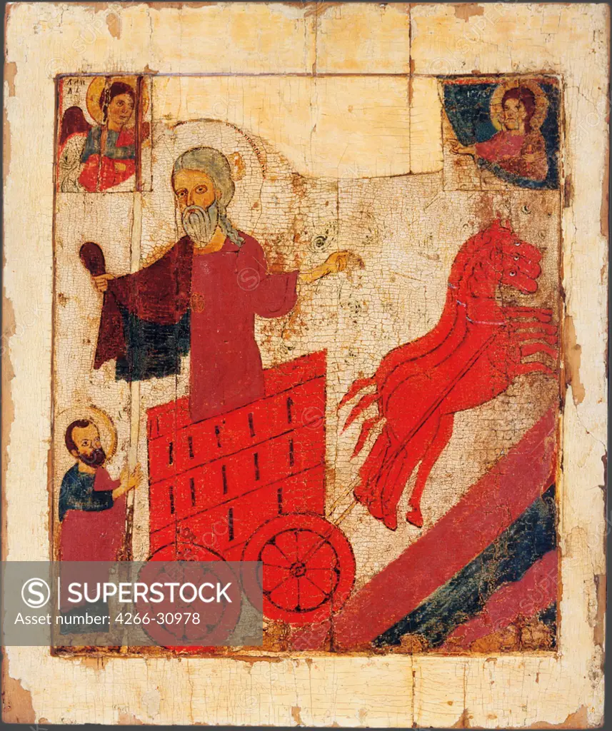 The Prophet Elijah and the Fiery Chariot by Russian icon   / Sanpaolo Banco di Napoli Art Collection / 13th century / Russia, Novgorod School / Tempera on panel / Bible / 55x45 / Russian icon painting