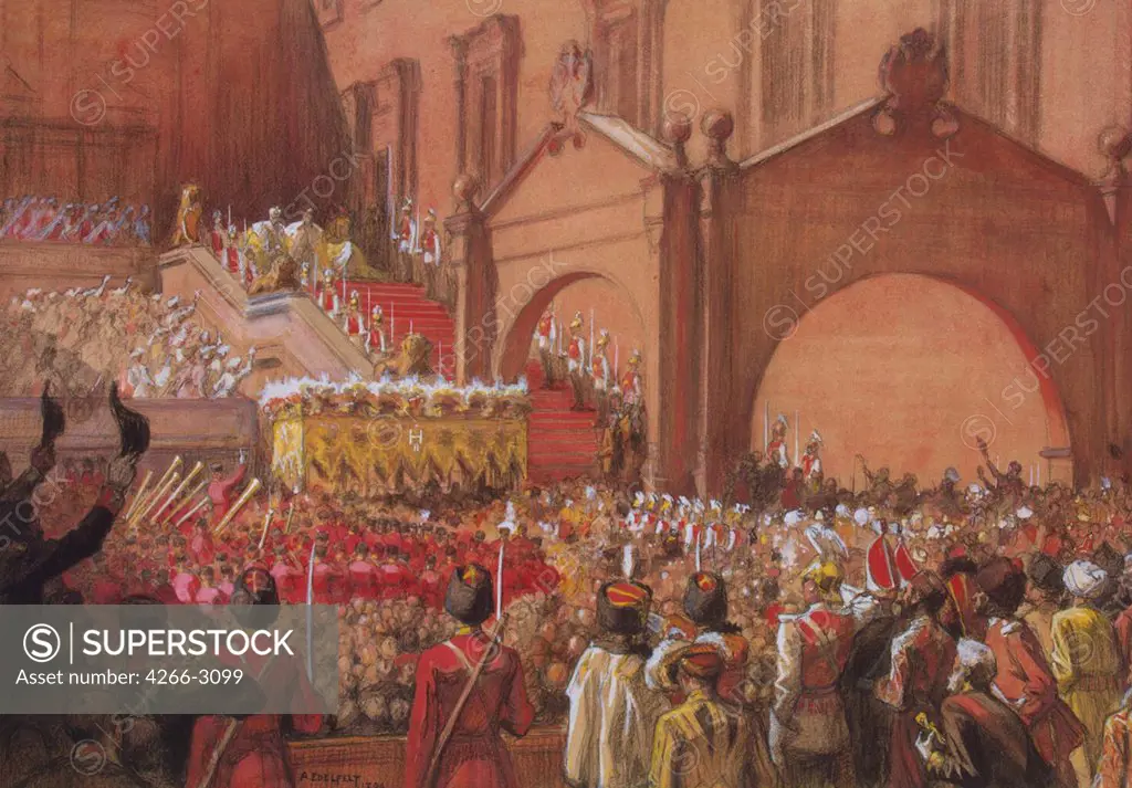 Coronation of russian tsar by Albert Gustaf Aristides Edelfelt, watercolour, gouache on cardboard, 1896, 1854-1905, Russia, St. Petersburg, State Hermitage, 30, 5x45, 5