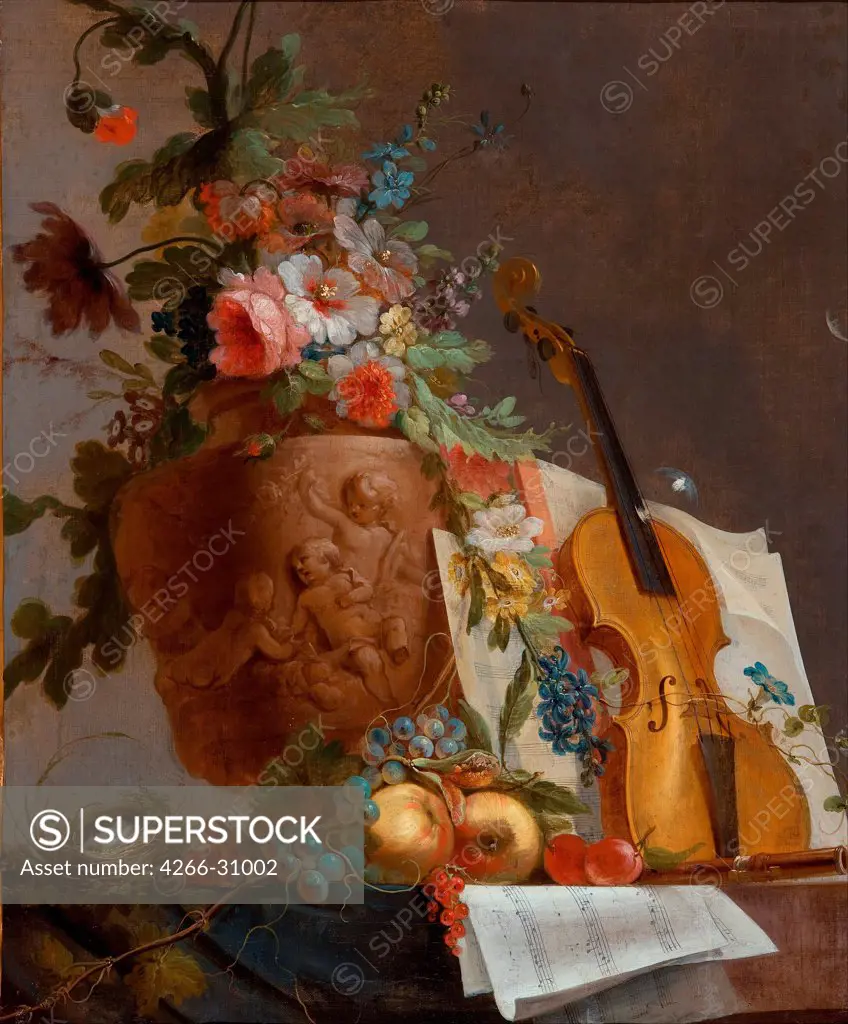 Still life with flowers and a violin by Bachelier, Jean-Jacques (1724-1806) / Art Gallery of South Australia / c. 1750 / France / Oil on canvas / Still Life / 88,9x73,5 / Rococo