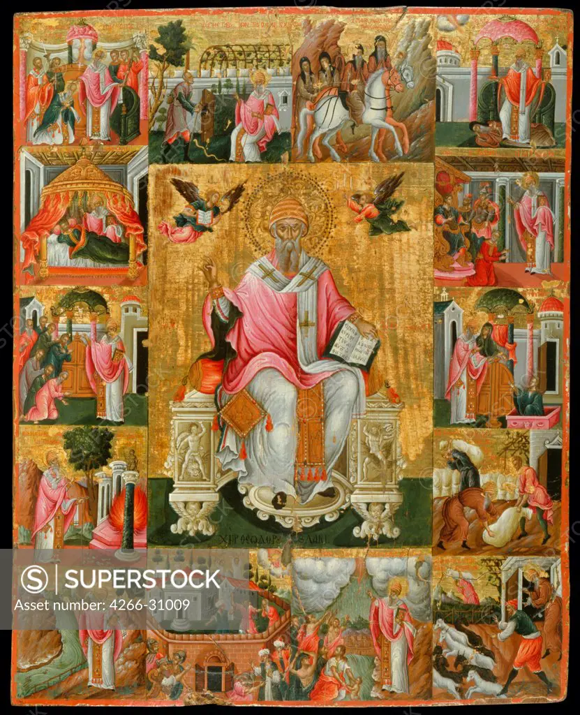 Saint Spyridon, Bishop of Trimythous with scenes from his life by Poulakis, Theodore (1622-1692) / Benaki Museum, Athens / Second Half of the 17th cen. / Greece / Tempera on panel / Bible / 56,2x45,2 / Icon Painting
