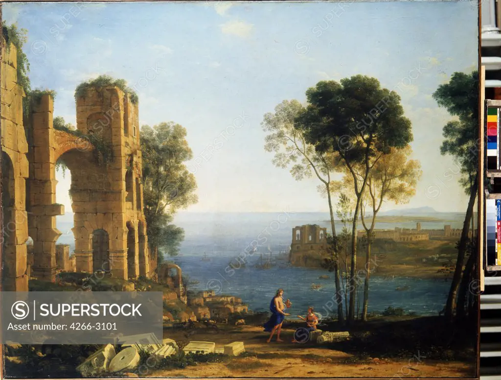 Landscape with sea and old ruin by Claude Lorrain, oil on canvas, between 1645 and 1649, 1600-1682, Russia, St. Petersburg, State Hermitage, 99, 5x127