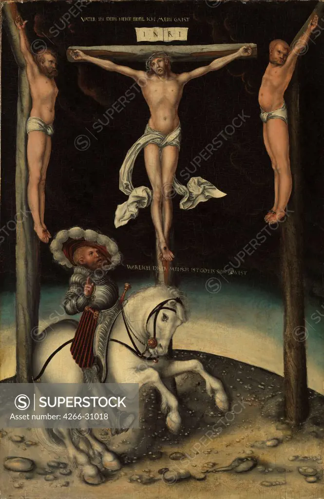 The centurion Longinus among the crosses of Christ and the two thieves by Cranach, Lucas, the Elder (1472-1553) / Staatsgalerie Aschaffenburg / 1539 / Germany / Oil on wood / Bible / 51,5x34 / Renaissance