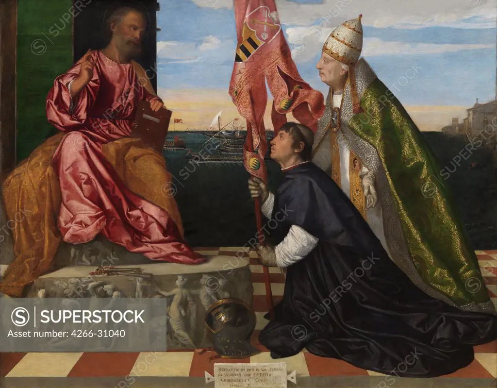 Jacopo Pesaro being presented by Pope Alexander VI to Saint Peter by Titian (1488-1576) / Royal Museum of Fine Arts, Antwerp / 1506-1511 / Italy, Venetian School / Oil on canvas / Portrait,Bible / 168x206 / Renaissance