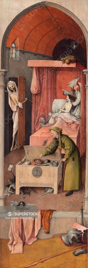 Death and the Miser by Bosch, Hieronymus (c. 1450-1516) / National Gallery of Art, Washington / ca 1485 / The Netherlands / Oil on wood / Mythology, Allegory and Literature / 93x31 / Early Netherlandish Art