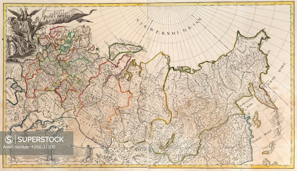 First General Map of the Russian Empire by Anonymous master   / Academy of Sciences, Saint Petersburg / 1745 / Russia / Copper engraving, watercolour / History / Cartography