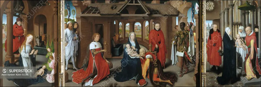 Nativity. The Adoration of the Magi. The Presentation of Jesus at the Temple by Memling, Hans (1433/40-1494) / Museo del Prado, Madrid / 1479-1480 / Flanders / Oil on wood / Bible / 95x271 / Academic art