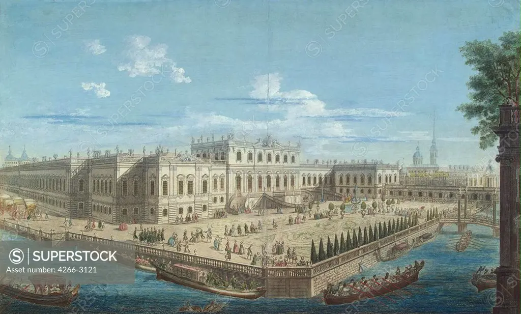 Palace by river by Alexei Angileevich Grekov, etching, watercolour, 1753, 1723/26-after 1770, State Hermitage, St. Petersburg, 50x71, 5
