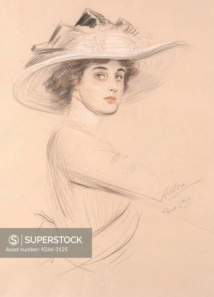 Young woman in hat by Paul Cesar Helleu, black and white chalk, sanguine, pastel, 1909, 1859-1927, Russia, St. Petersburg, State Hermitage, 76, 3x56, 5