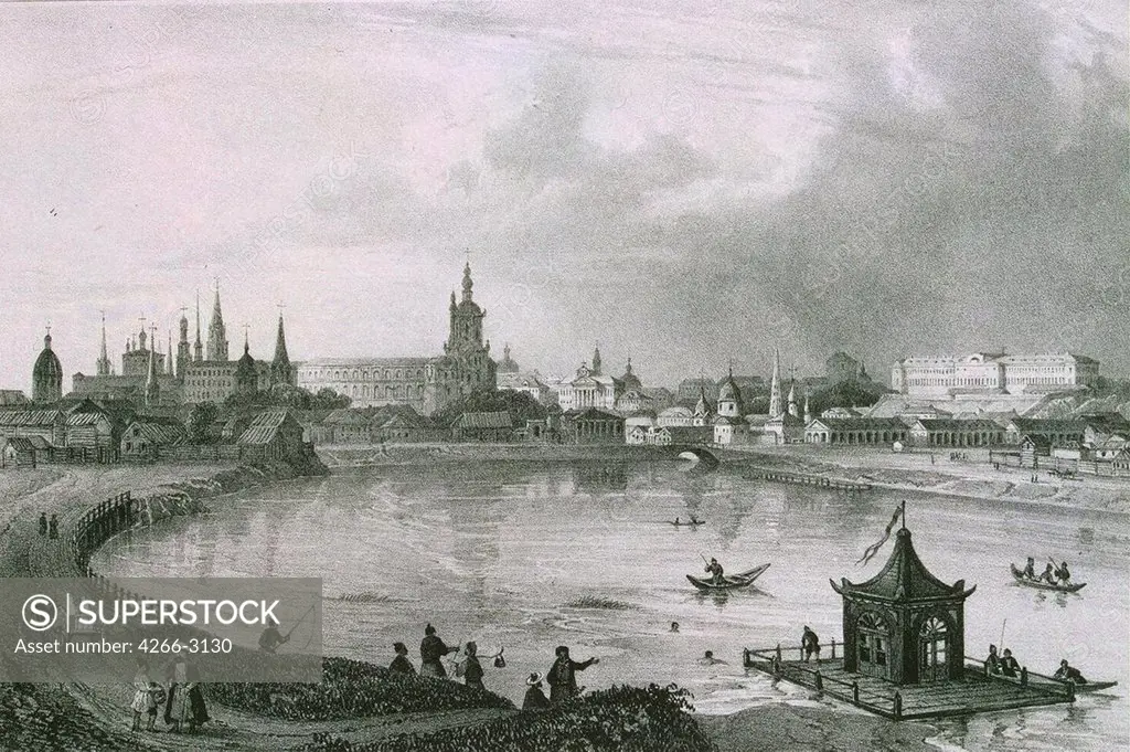 River by Louis Julien Jacottet, Lithograph, 1830s Classicism, Russia, St. Petersburg, State Hermitage, 24x31
