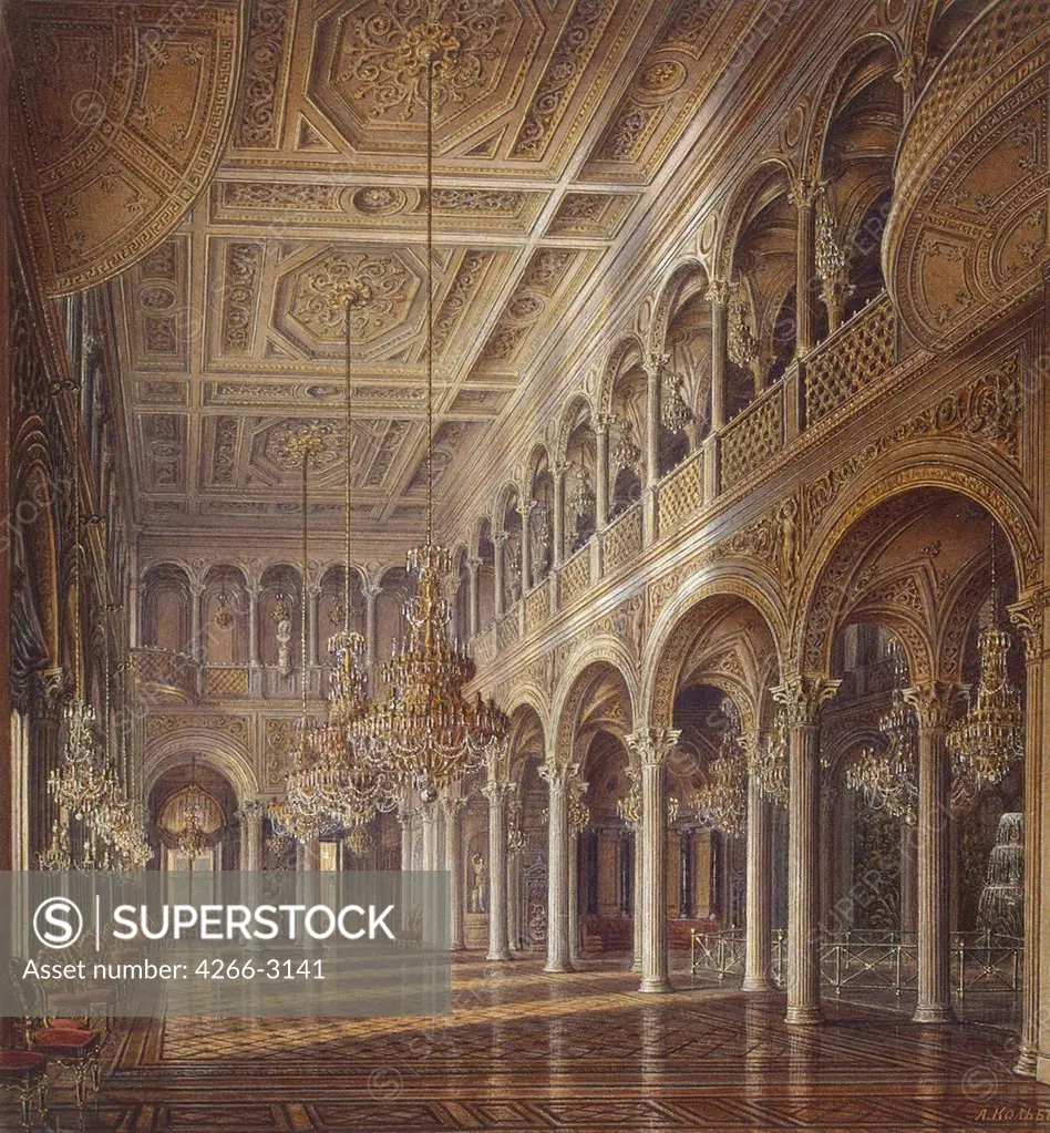 Winter Palace Interior by Alexander Chrisophorovich Kolb, Watercolour on paper, Mid of the 19th century, 1819-1887, Russia, St. Petersburg, State Hermitage, 42x24, 3