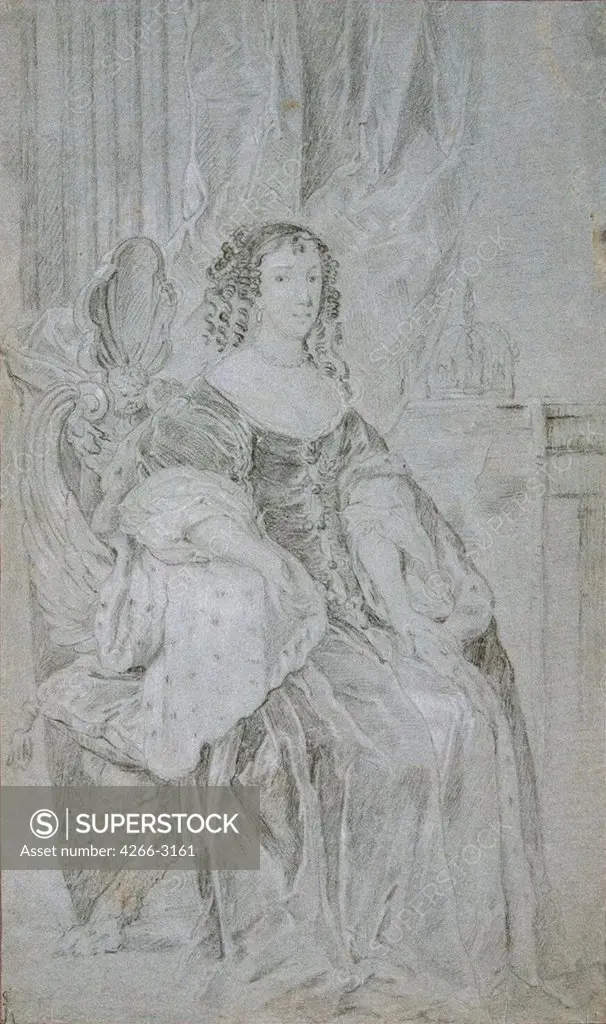 Portrait of Catherine Of Braganza by Sir Peter Lely, Black and white chalk on paper, 1670s, 1618-1680, Russia, St. Petersburg, State Hermitage, 52, 5x31