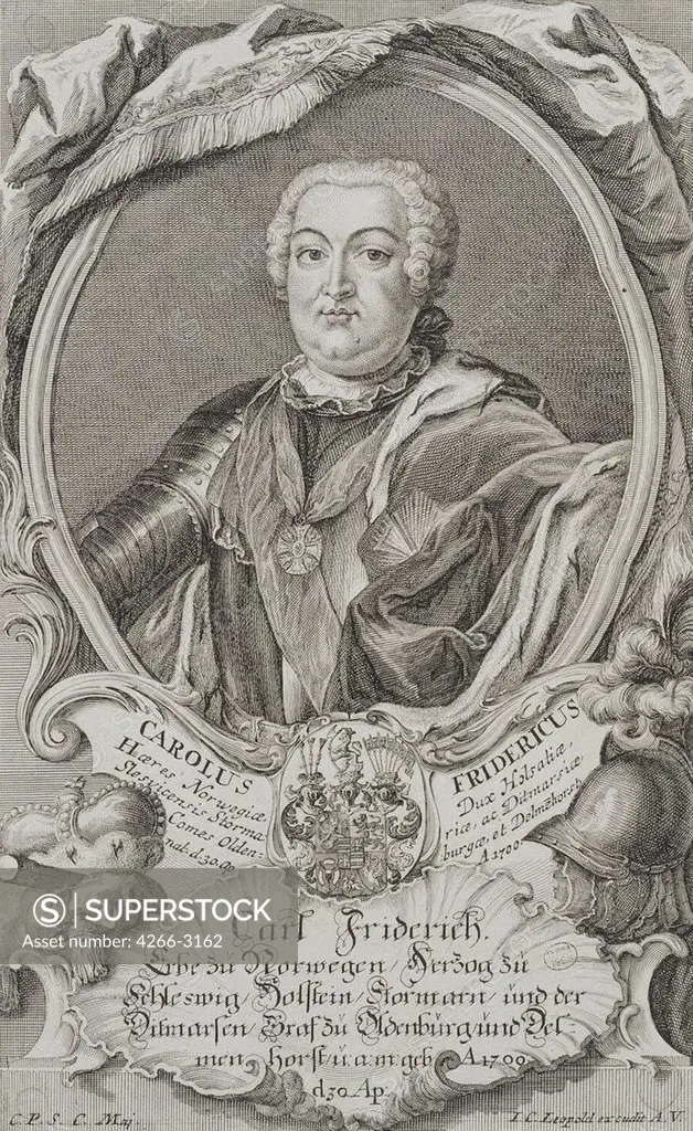 Portrait of Charles Frederick of Holstein-Gottorp by Johann Christian Leopold, Copper engraving, Mid of the 18th century, 1699-1755, Russia, St. Petersburg, State Hermitage, 23, 7x17, 9
