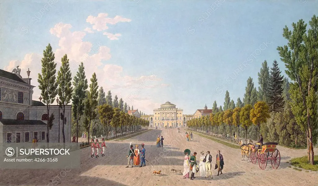 Palace Pavlovsk by Gabriel Ludwig Lory the Elder, Copper engraving, watercolour, 1808, 1763-1840, Russia, St. Petersburg, State Hermitage, 54, 5x77, 9