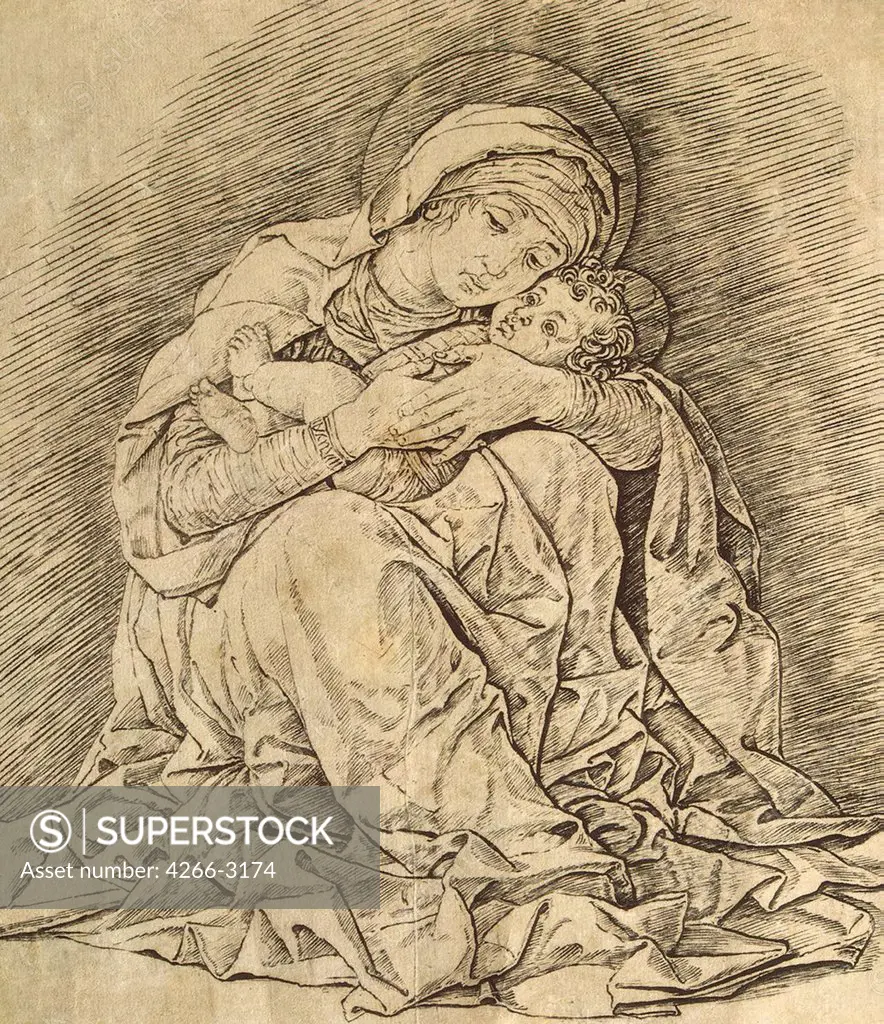 Holy family by Andrea Mantegna, Copper engraving, 1431-1506, Russia, St. Petersburg, State Hermitage, 21, 7x18, 9