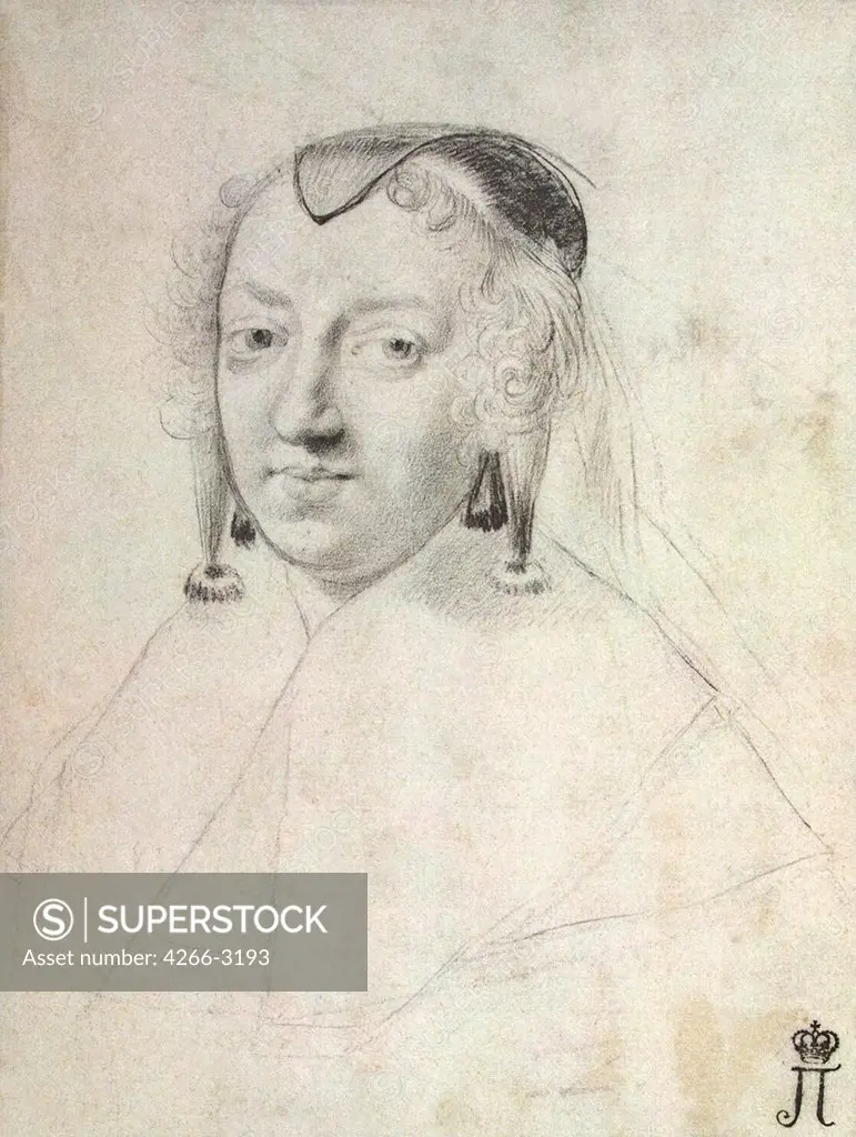 Portrait of Anne Of Austria by Claude Mellan, Black chalk on paper, before 1643, 1598-1688, Russia, St. Petersburg, State Hermitage, 20x15, 5