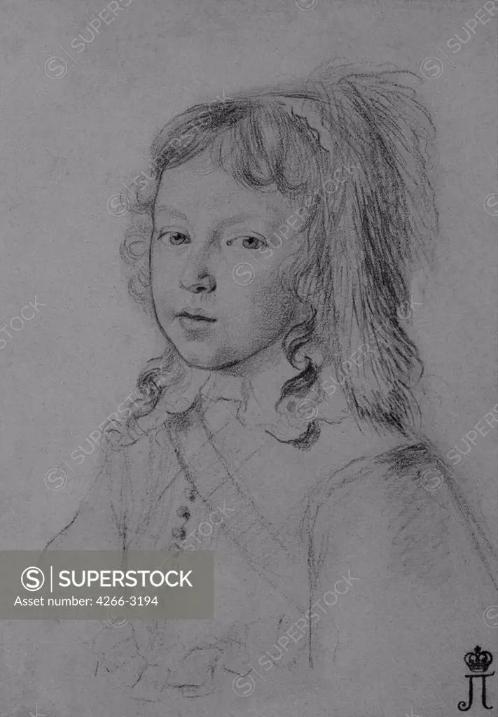 Portrait of Louis XIV as a child by Claude Mellan, Black chalk on paper, 1644, 1598-1688, Russia, St. Petersburg, State Hermitage, 21x15