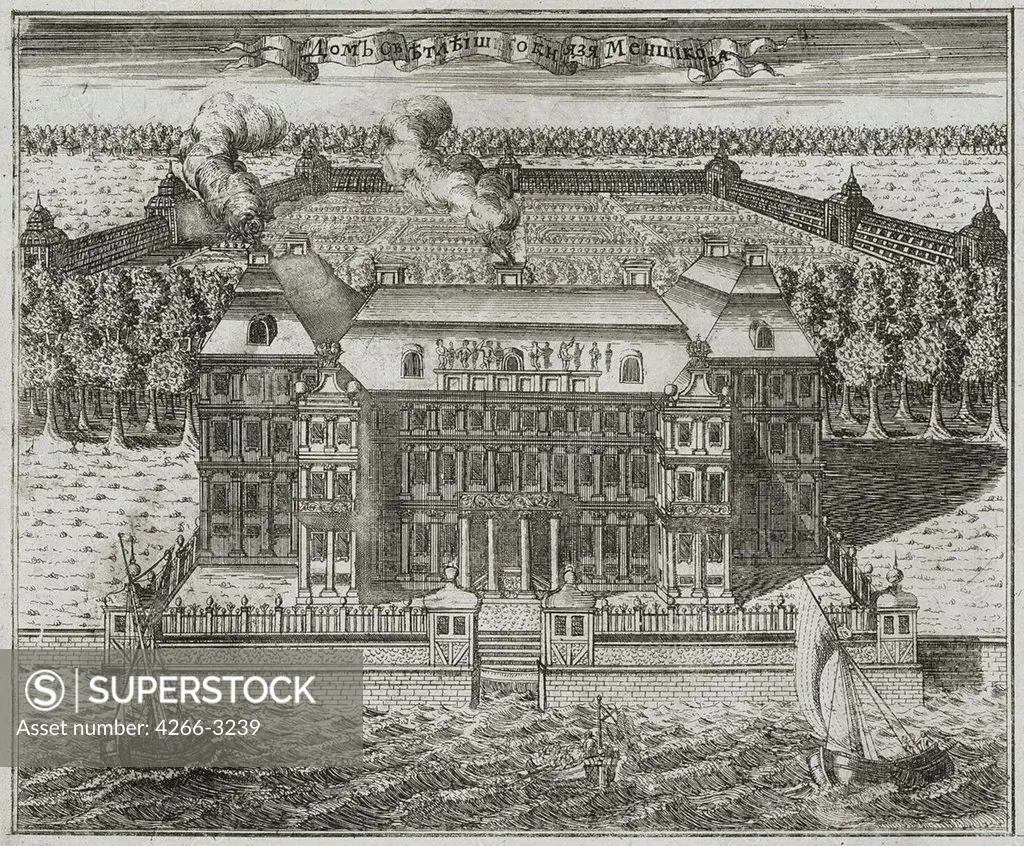 View of Menshikov palace by Alexei Ivanovich Rostovtsev, copper engraving, 1717, 1670s-1730s, Russia, St. Petersburg, State Hermitage, 16, 5x20