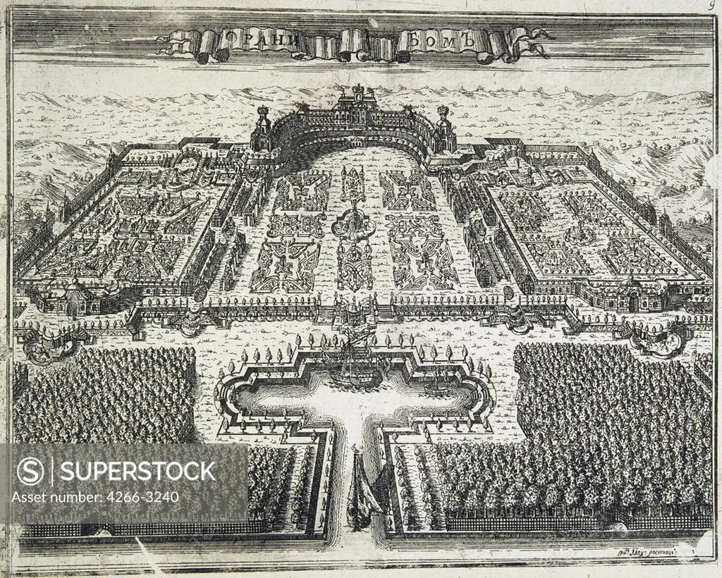 View of Grand Oranienbaum Palace by Alexei Ivanovich Rostovtsev, copper engraving, 1717, 1670s-1730s, Russia, St. Petersburg, State Hermitage, 16, 5x20, 5