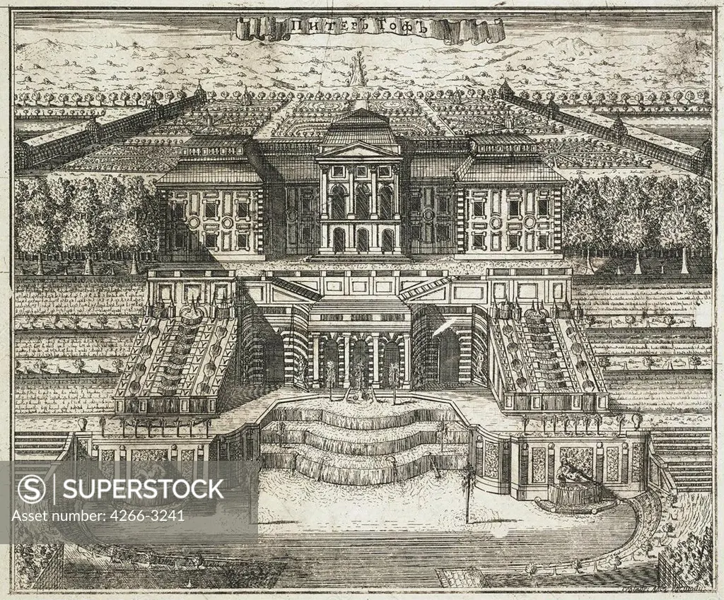 View of Peterhof palace by Alexei Ivanovich Rostovtsev, copper engraving, 1717, 1670s-1730s, Russia, St. Petersburg, State Hermitage, 16, 5x20, 3
