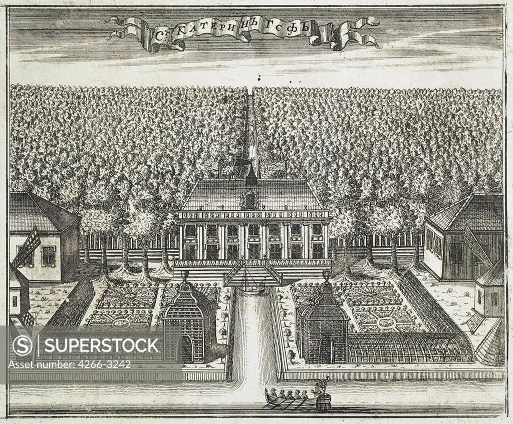 View of Catherinehof by Alexei Ivanovich Rostovtsev, copper engraving, 1717, 1670s-1730s, Russia, St. Petersburg, State Hermitage, 16, 5x20