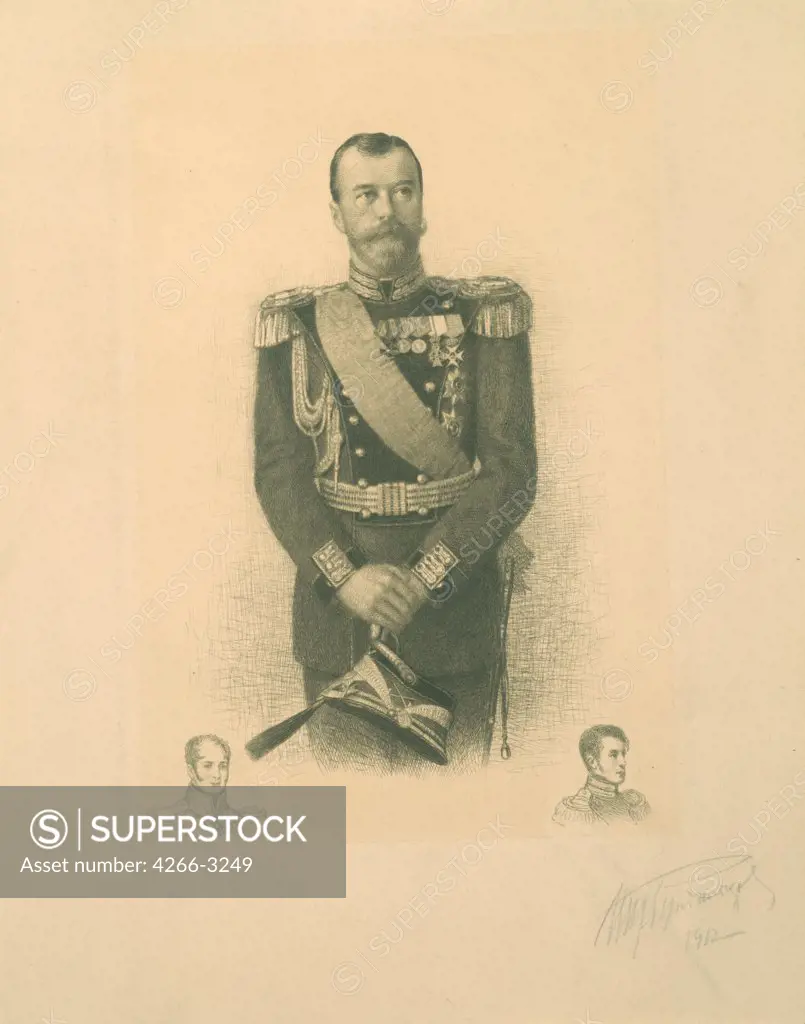 Portrait of Emperor Nicholas II by Mikhail Viktorovich Rundaltsov, etching, 1912, 1871-1935, Russia, St. Petersburg, State Hermitage, 52x35, 8