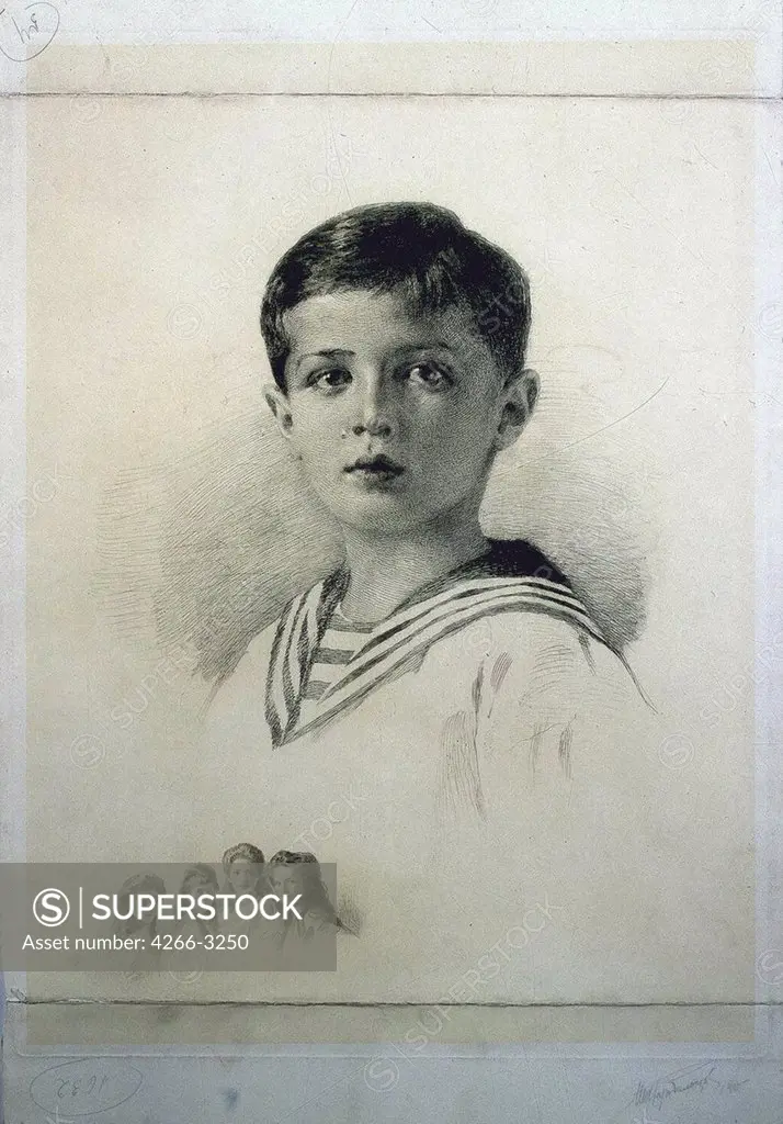 Portrait of Tsarevich Alexei Nikolaevich Romanov by Mikhail Viktorovich Rundaltsov, etching, 1915, 1871-1935, Russia, St. Petersburg, State Hermitage, 53x36, 2